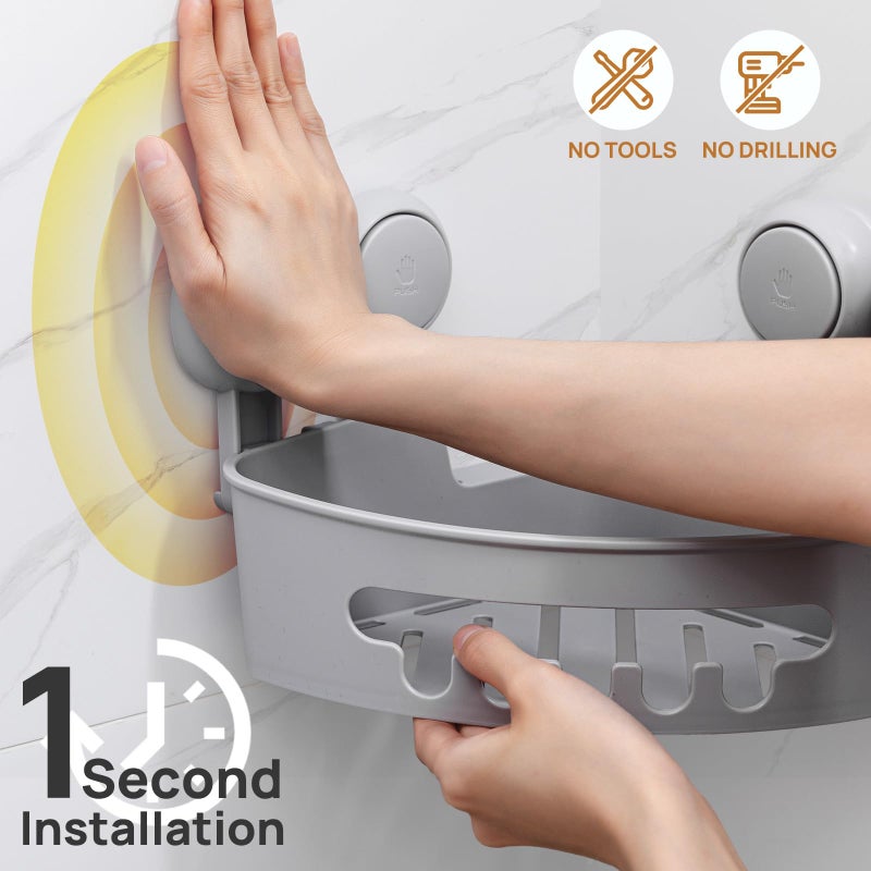 LEVERLOC Corner Shower Caddy Suction Cup, Shower Caddy Basket Powerful Suction Bathroom, Waterproof & Rustproof Organizer for Bathroom Storage, No-Drilling Removable (Grey) - Image 2